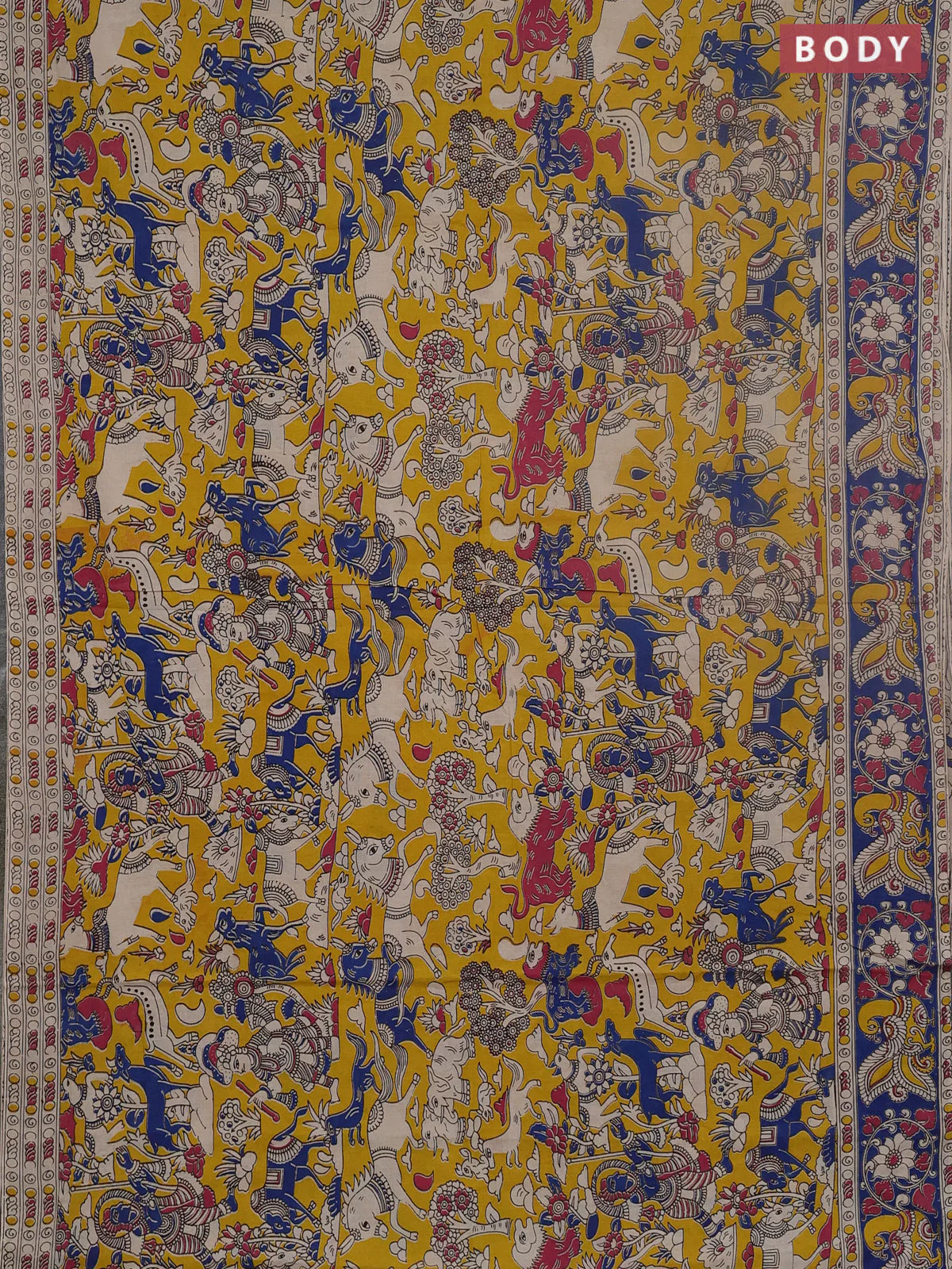 Kalamkari cotton saree yellow and blue with allover prints and printed border - Image 2