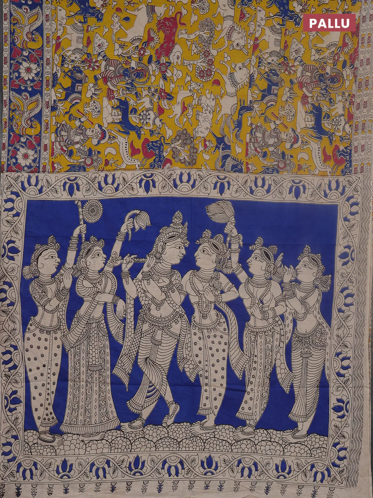Kalamkari cotton saree yellow and blue with allover prints and printed border - Image 3