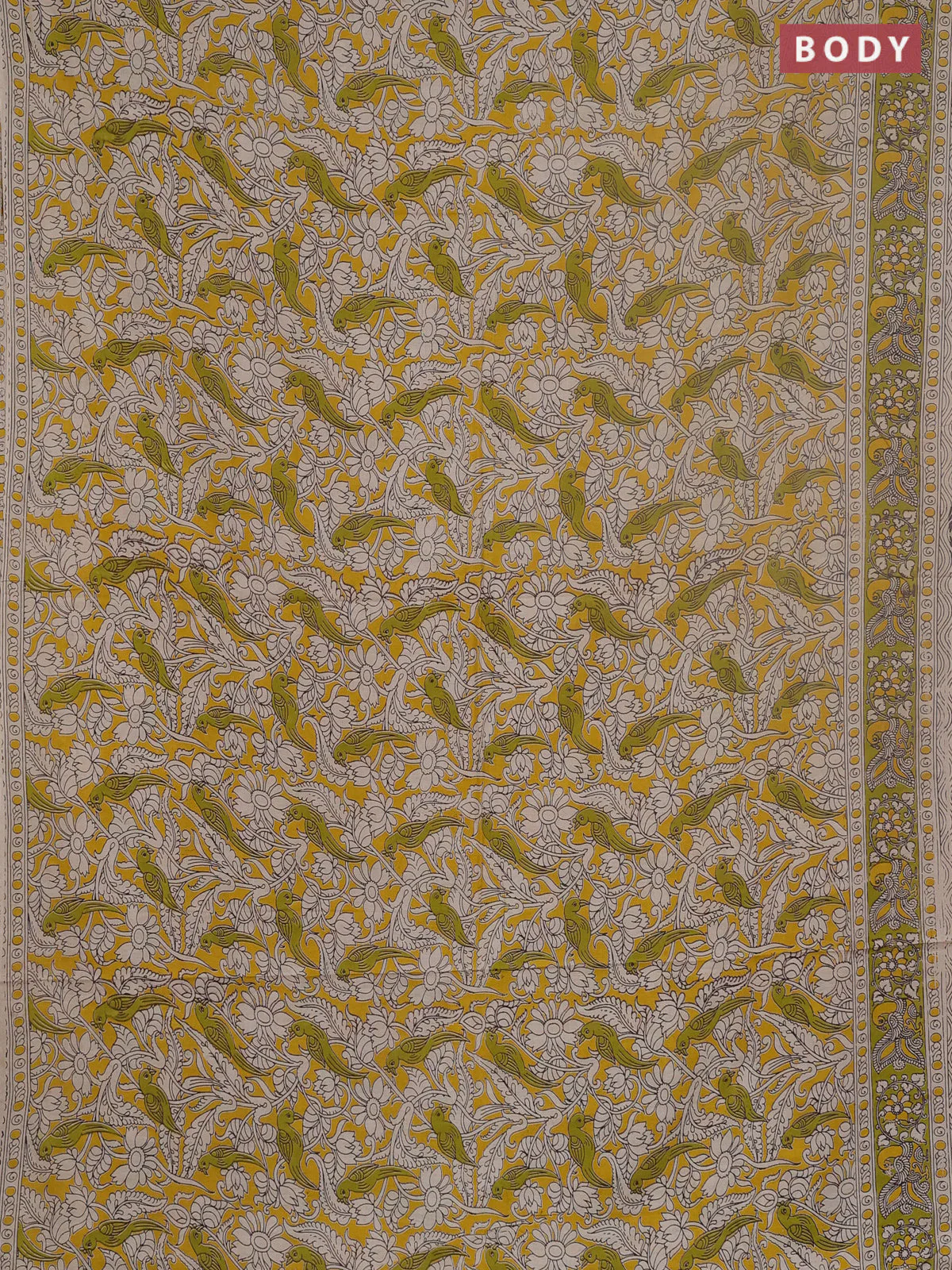 Kalamkari cotton saree yellow and light green with allover prints and printed border - Image 2