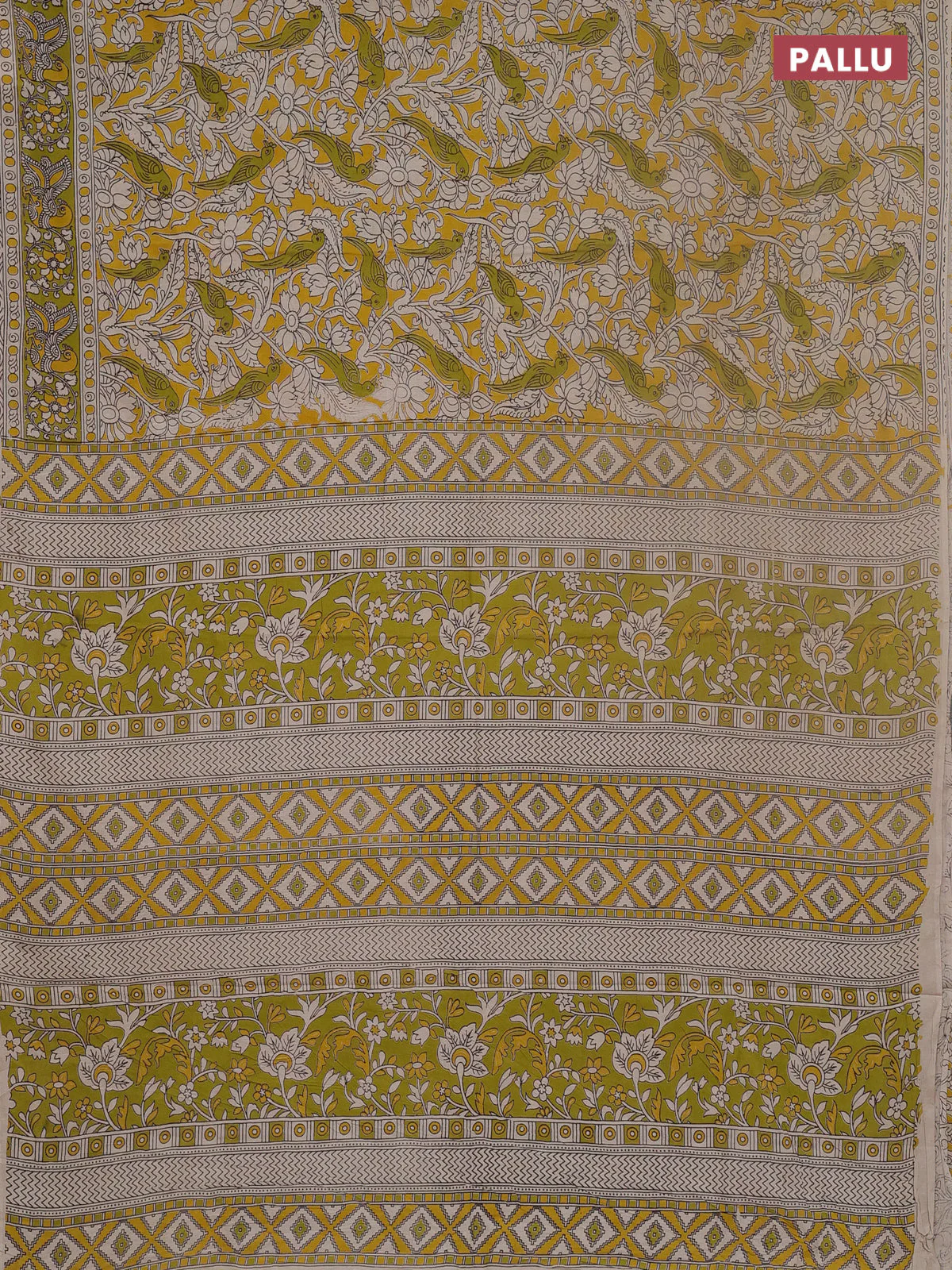 Kalamkari cotton saree yellow and light green with allover prints and printed border - Image 3