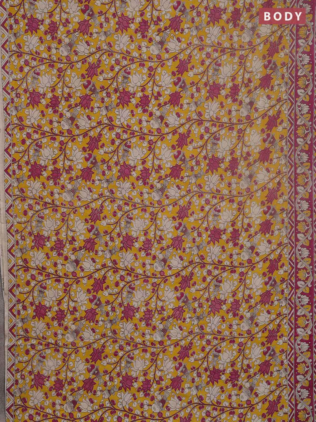 Kalamkari cotton saree yellow and magenta pink with allover prints and printed border - Image 2