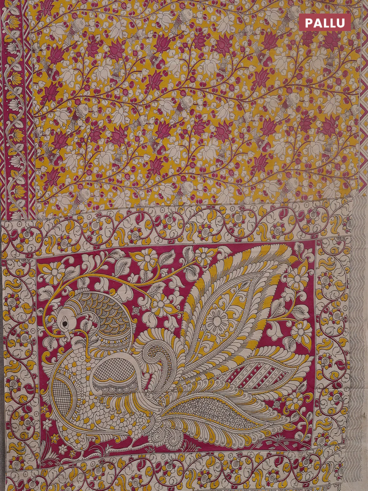 Kalamkari cotton saree yellow and magenta pink with allover prints and printed border - Image 3