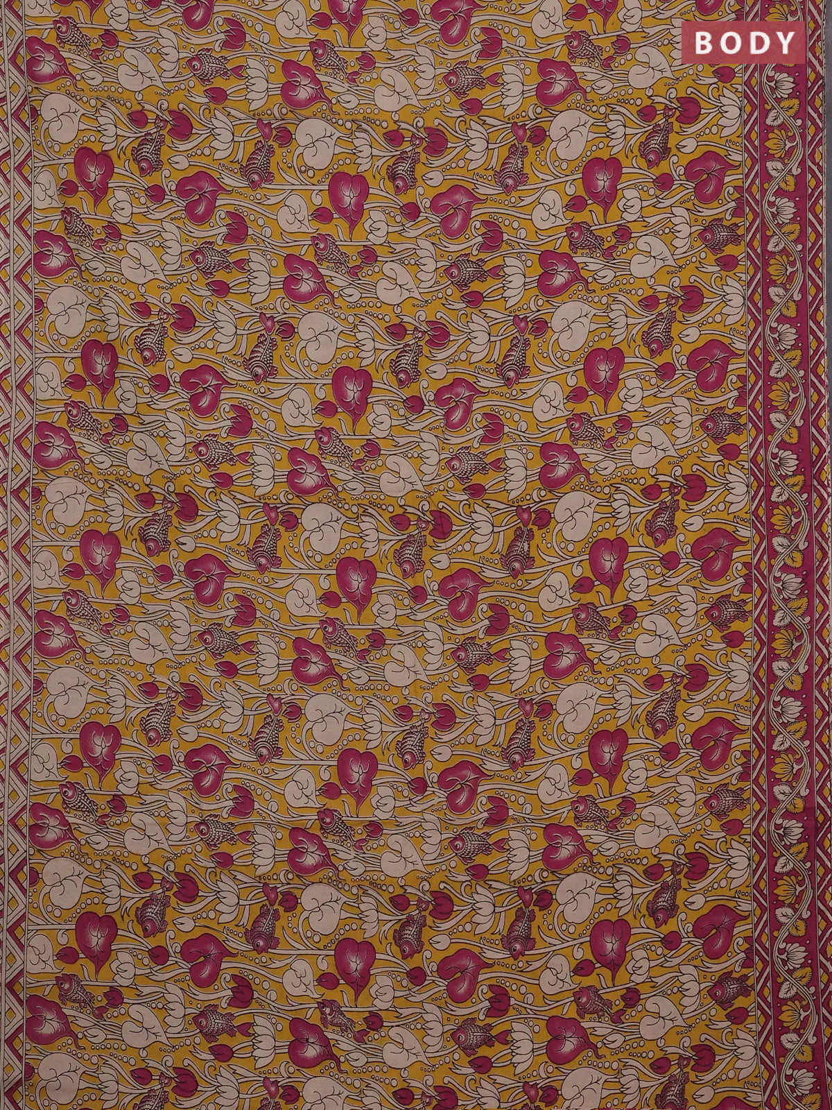 Kalamkari cotton saree yellow and magenta pink with allover prints and printed border - Image 2