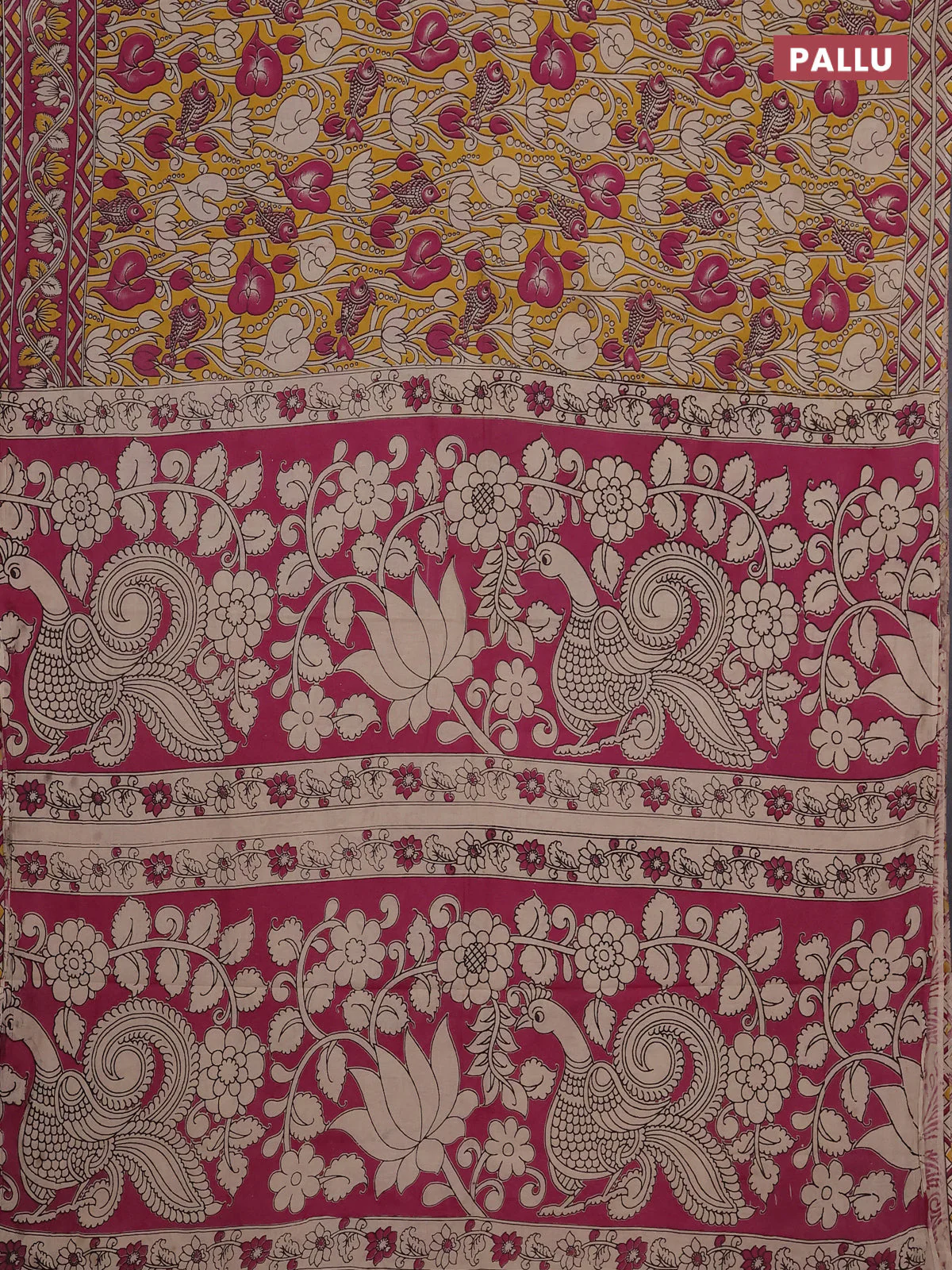 Kalamkari cotton saree yellow and magenta pink with allover prints and printed border - Image 3