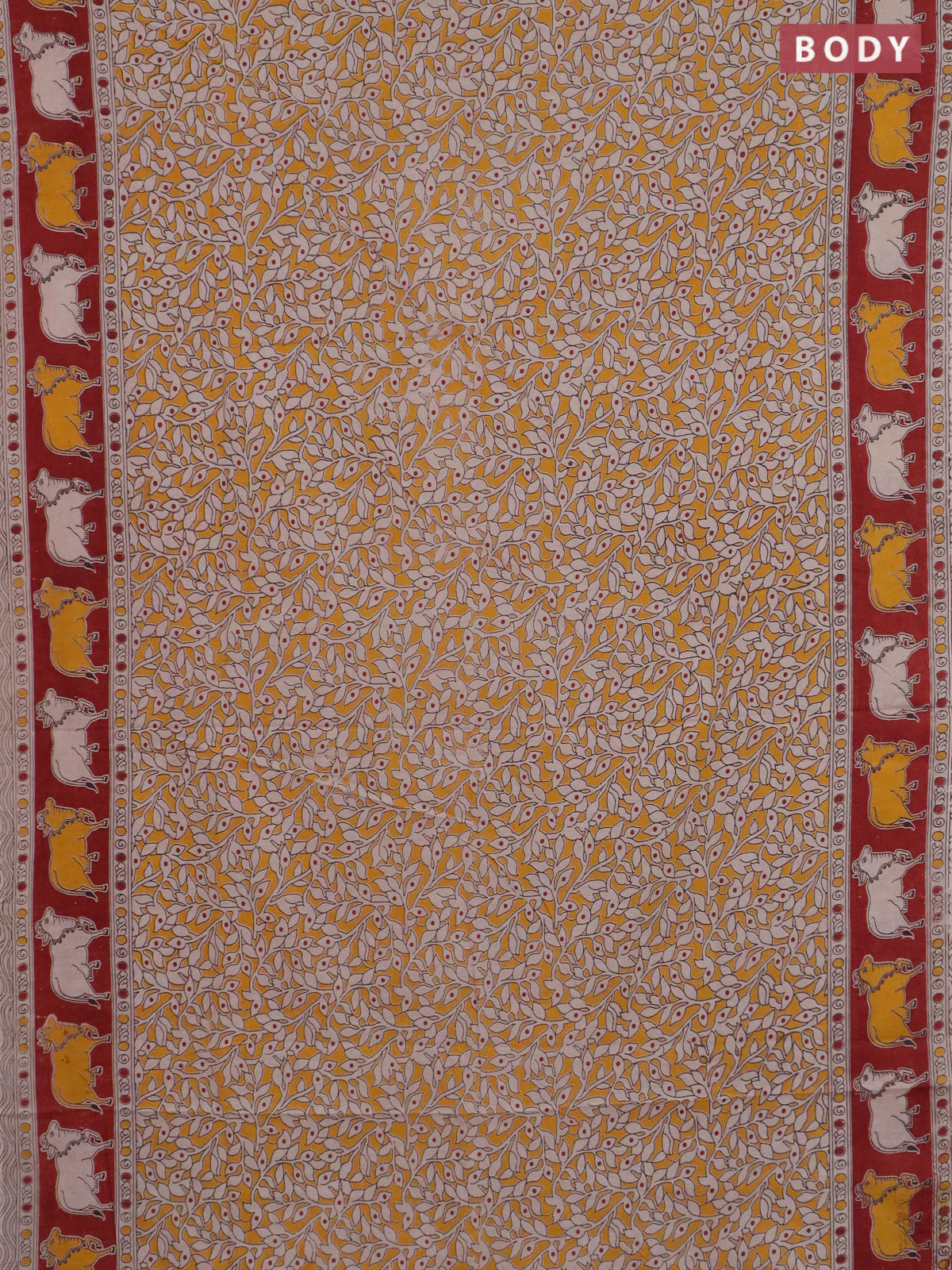 Kalamkari cotton saree yellow and maroon with allover prints and pichwai border - Image 2