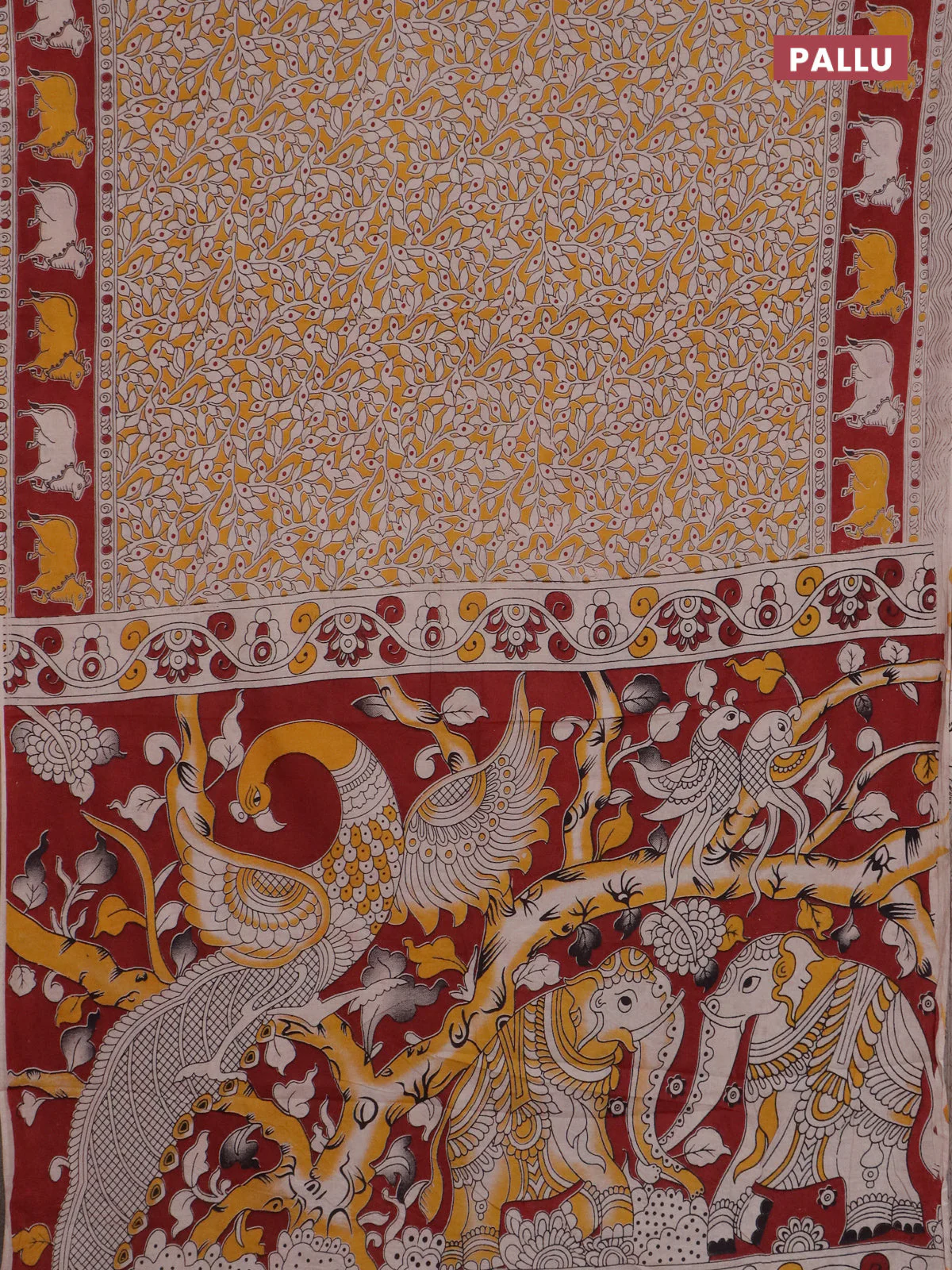 Kalamkari cotton saree yellow and maroon with allover prints and pichwai border - Image 3