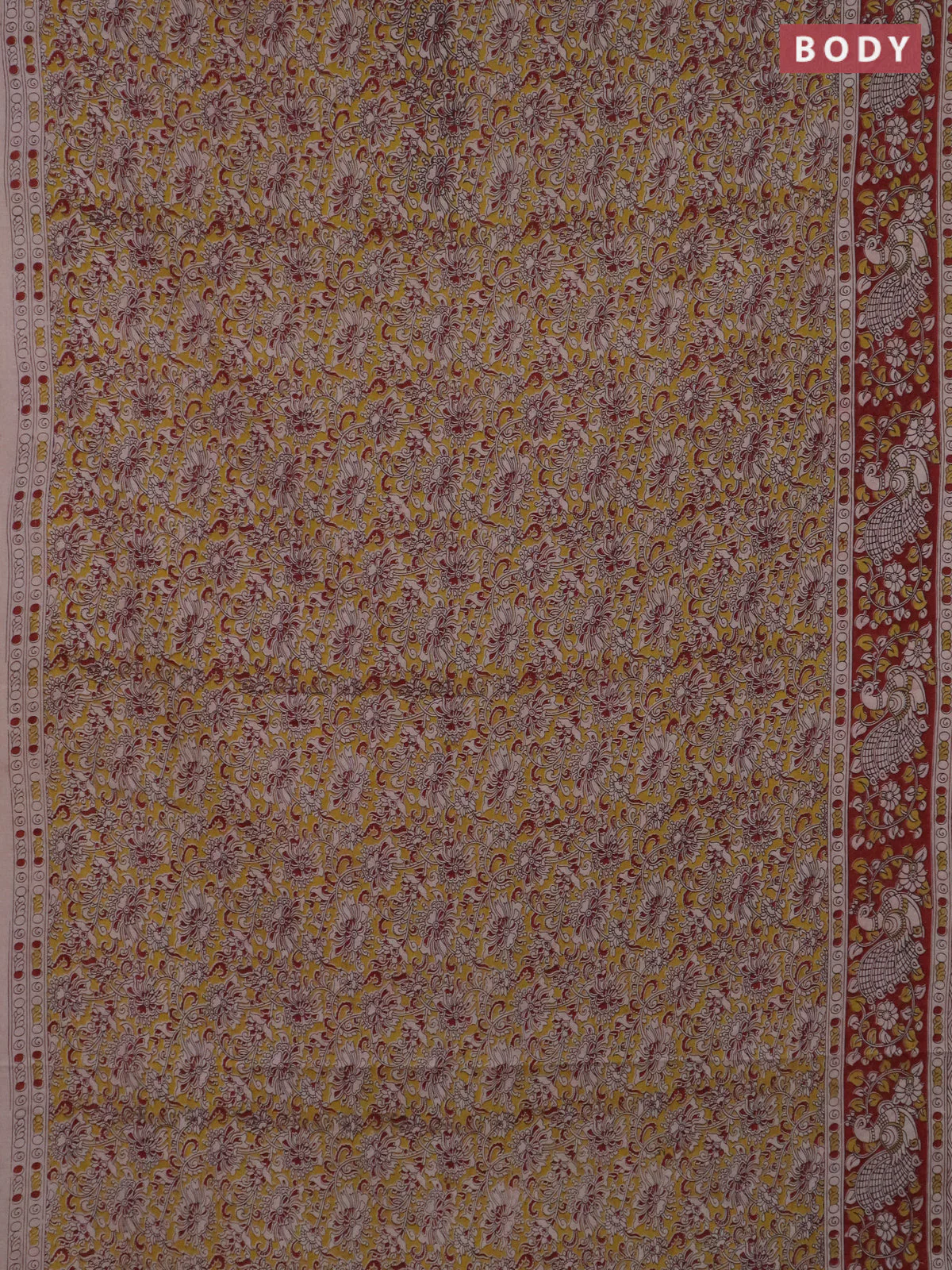 Kalamkari cotton saree yellow and maroon with allover prints and printed border - Image 2