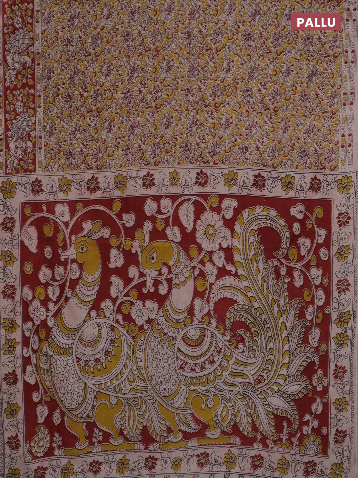 Kalamkari cotton saree yellow and maroon with allover prints and printed border - Image 3