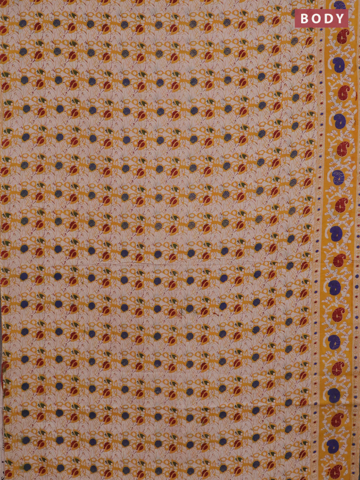 Kalamkari cotton saree yellow and maroon with allover prints and printed border - Image 2