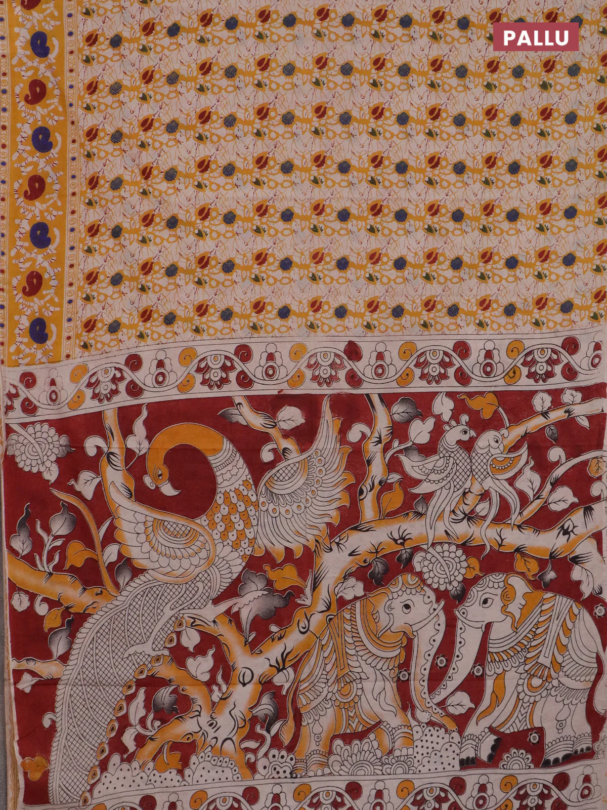 Kalamkari cotton saree yellow and maroon with allover prints and printed border - Image 3