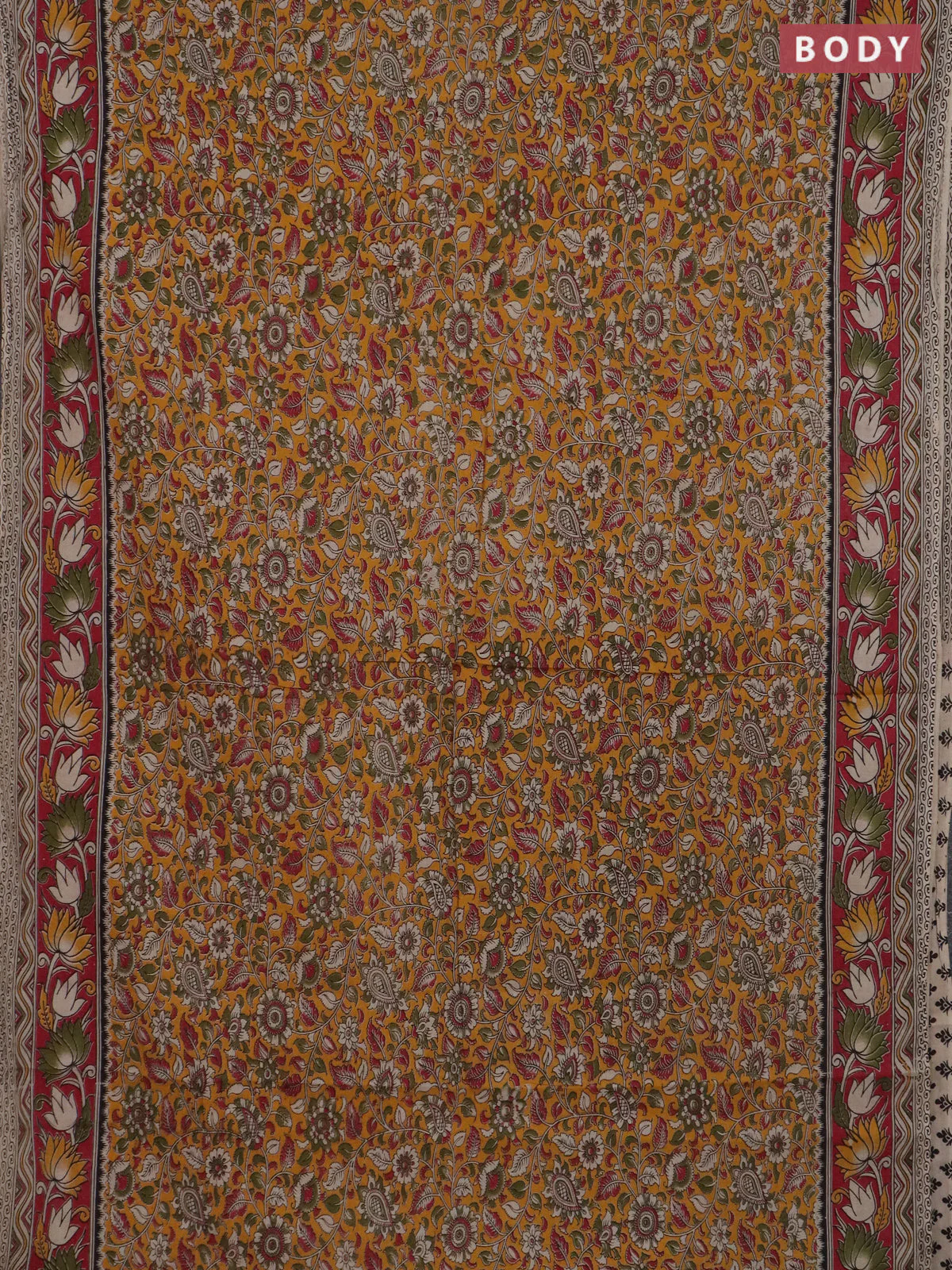 Kalamkari cotton saree yellow and maroon with allover prints and printed border - Image 2
