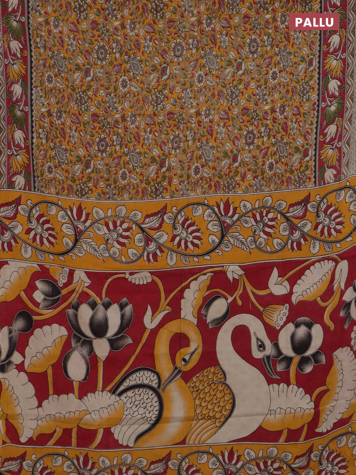 Kalamkari cotton saree yellow and maroon with allover prints and printed border - Image 3