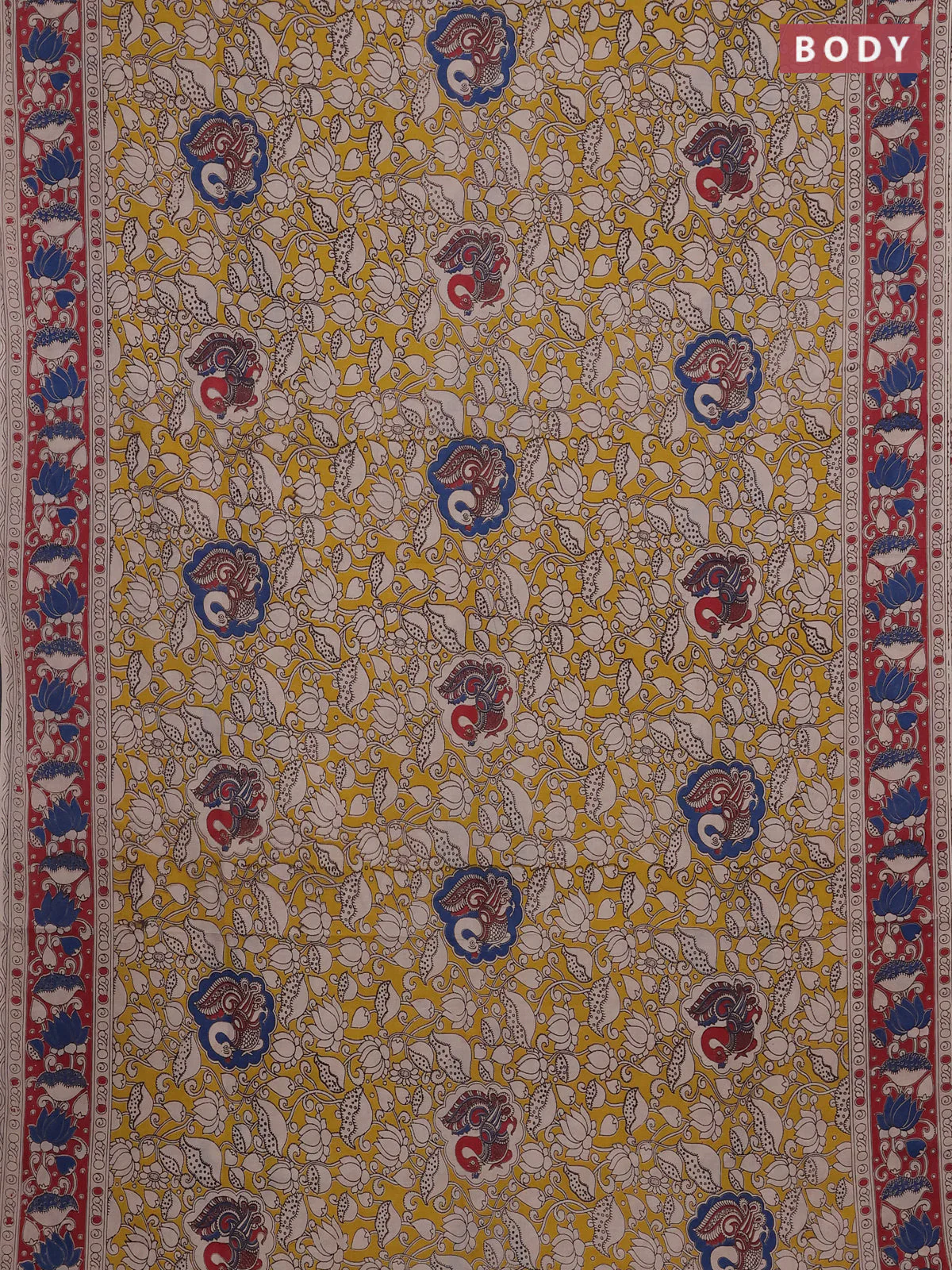 Kalamkari cotton saree yellow and maroon with allover prints and printed border - Image 2
