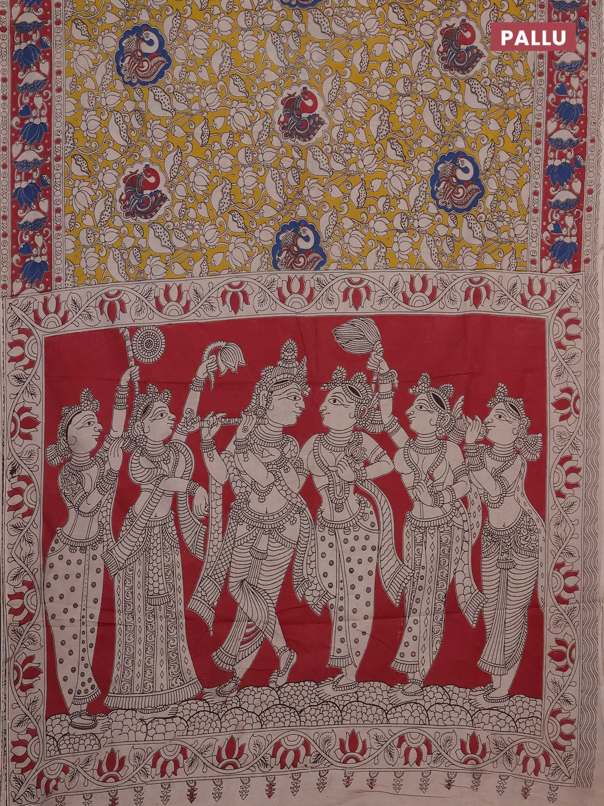 Kalamkari cotton saree yellow and maroon with allover prints and printed border - Image 3