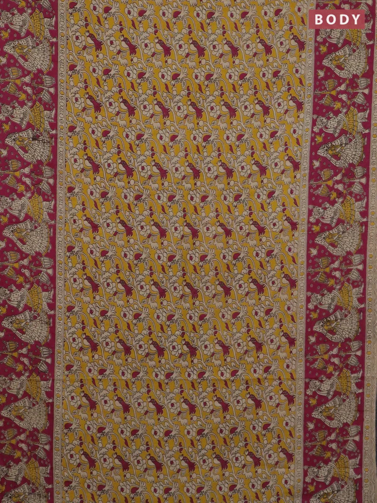 Kalamkari cotton saree yellow and pink with allover prints and printed border - Image 2
