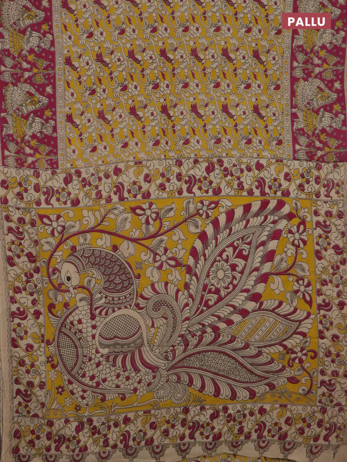 Kalamkari cotton saree yellow and pink with allover prints and printed border - Image 3