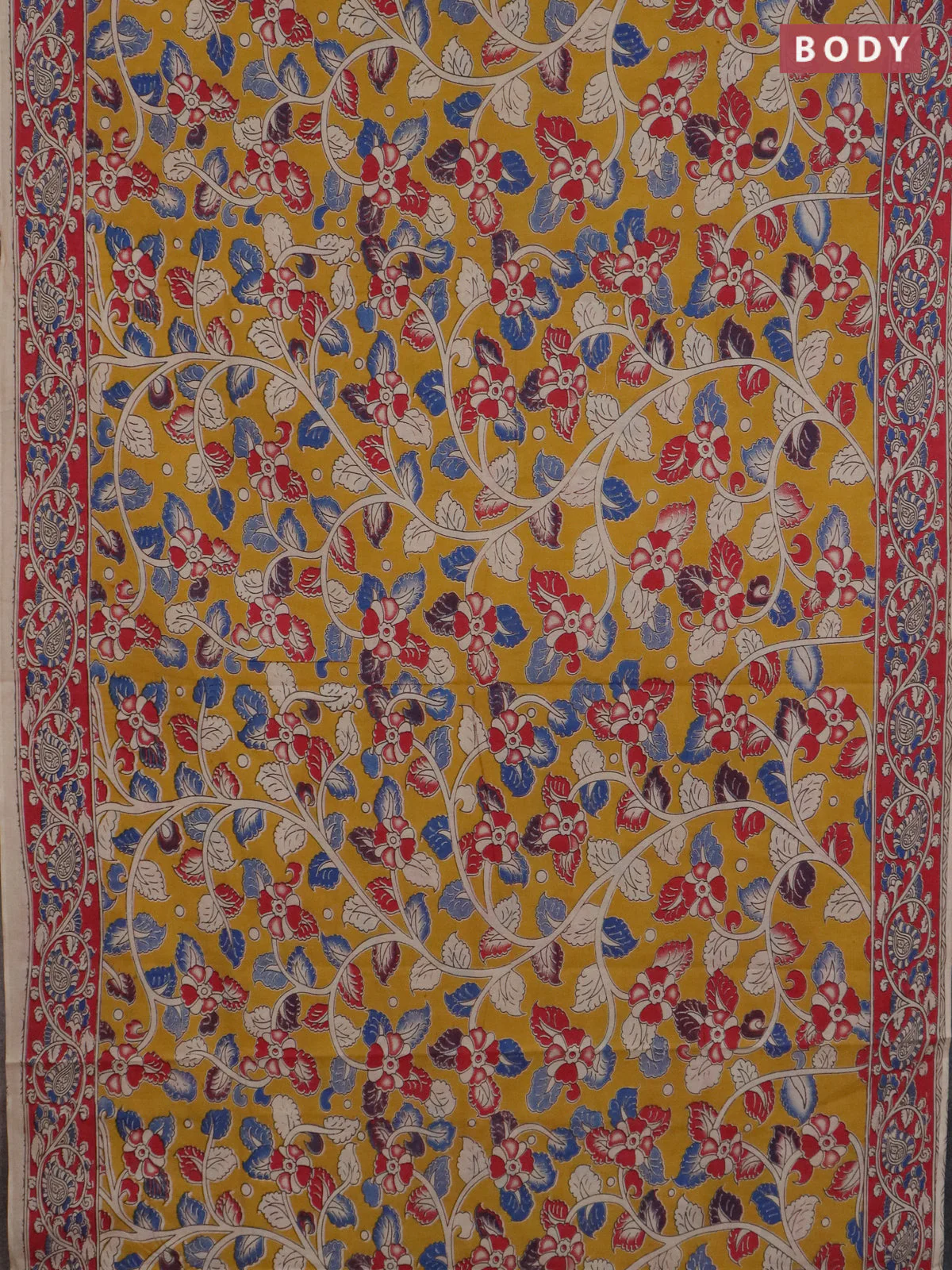 Kalamkari cotton saree yellow and pink with allover prints and printed border - Image 2