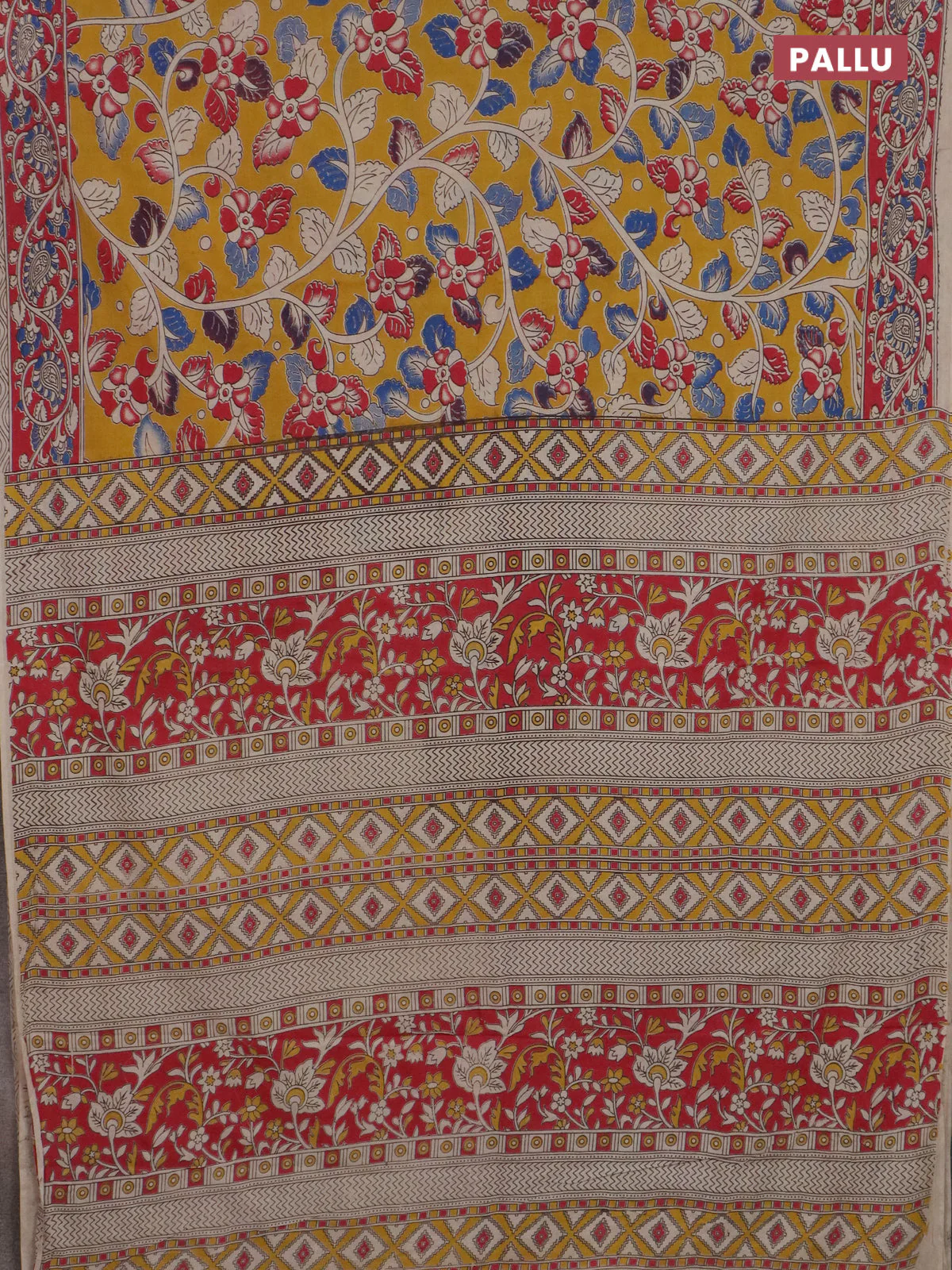Kalamkari cotton saree yellow and pink with allover prints and printed border - Image 3