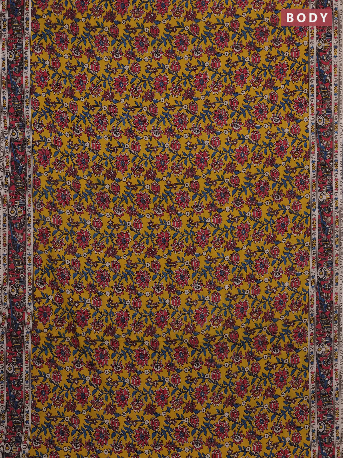 Kalamkari cotton saree yellow and pink with allover prints and printed border - Image 2