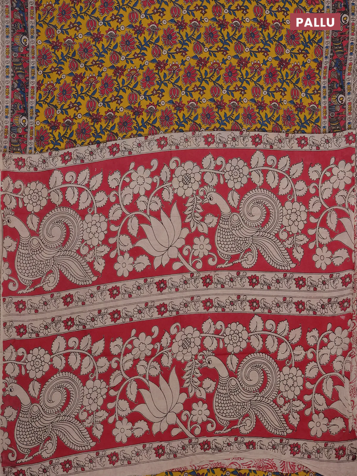 Kalamkari cotton saree yellow and pink with allover prints and printed border - Image 3