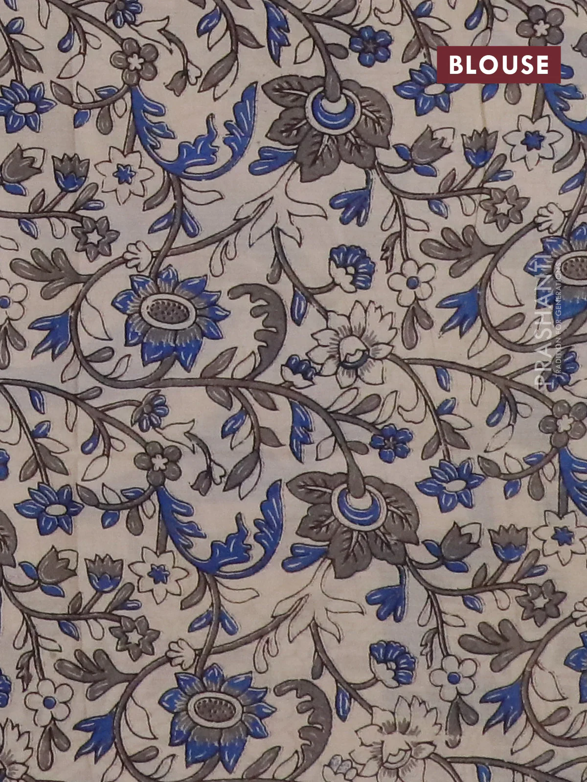Kalamkari semi silk partly saree grey and cream with plain body and printed border - Image 4