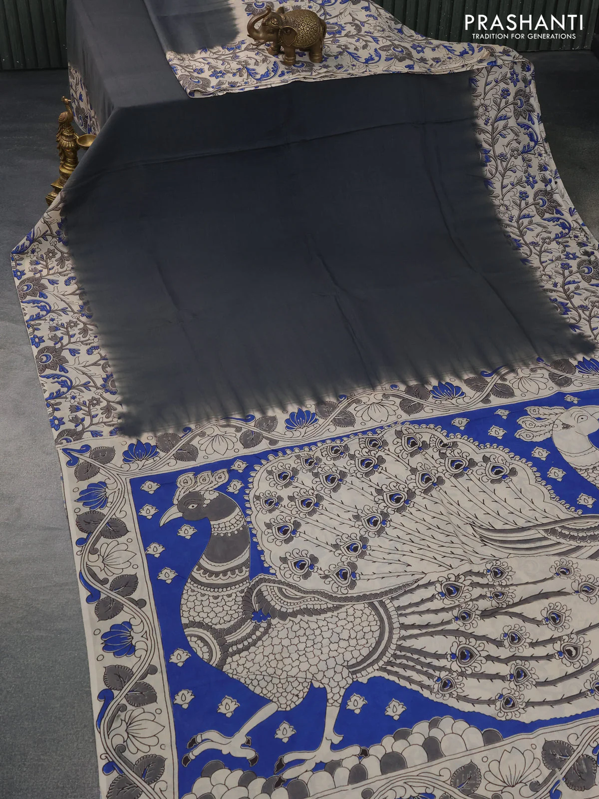 Kalamkari semi silk partly saree grey and cream with plain body and printed border - Image 2