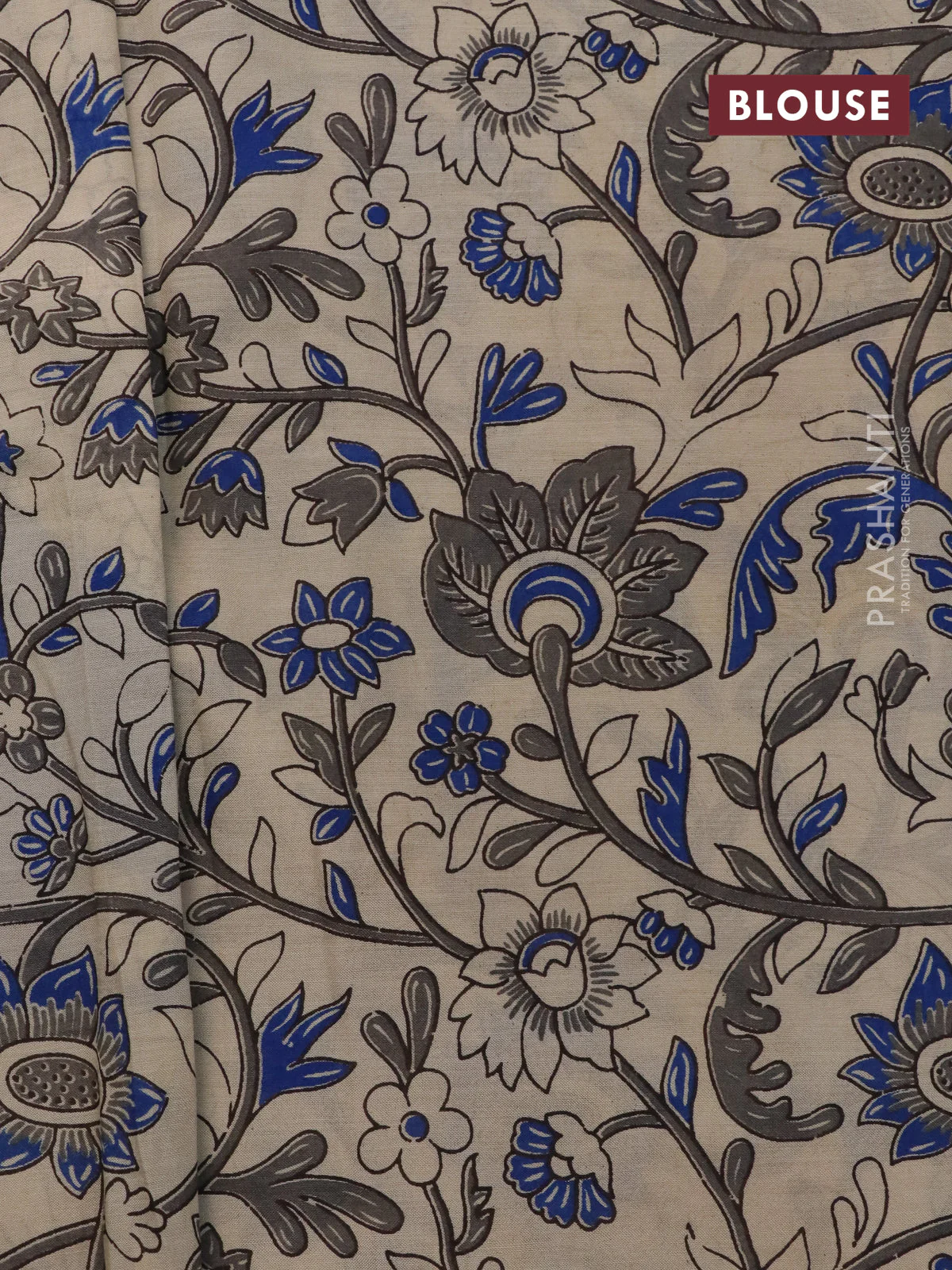 Kalamkari semi silk partly saree grey and cream with plain body and printed border - Image 4