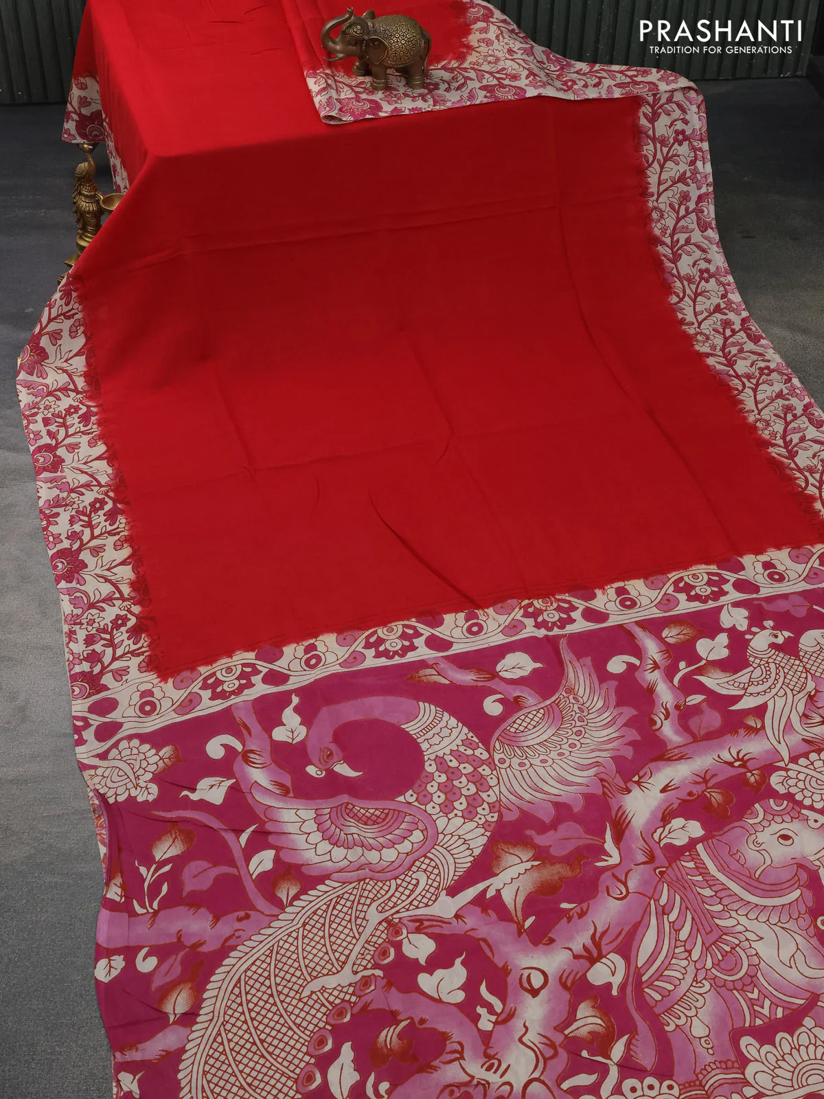 Kalamkari semi silk partly saree red and cream with plain body and printed border - Image 2