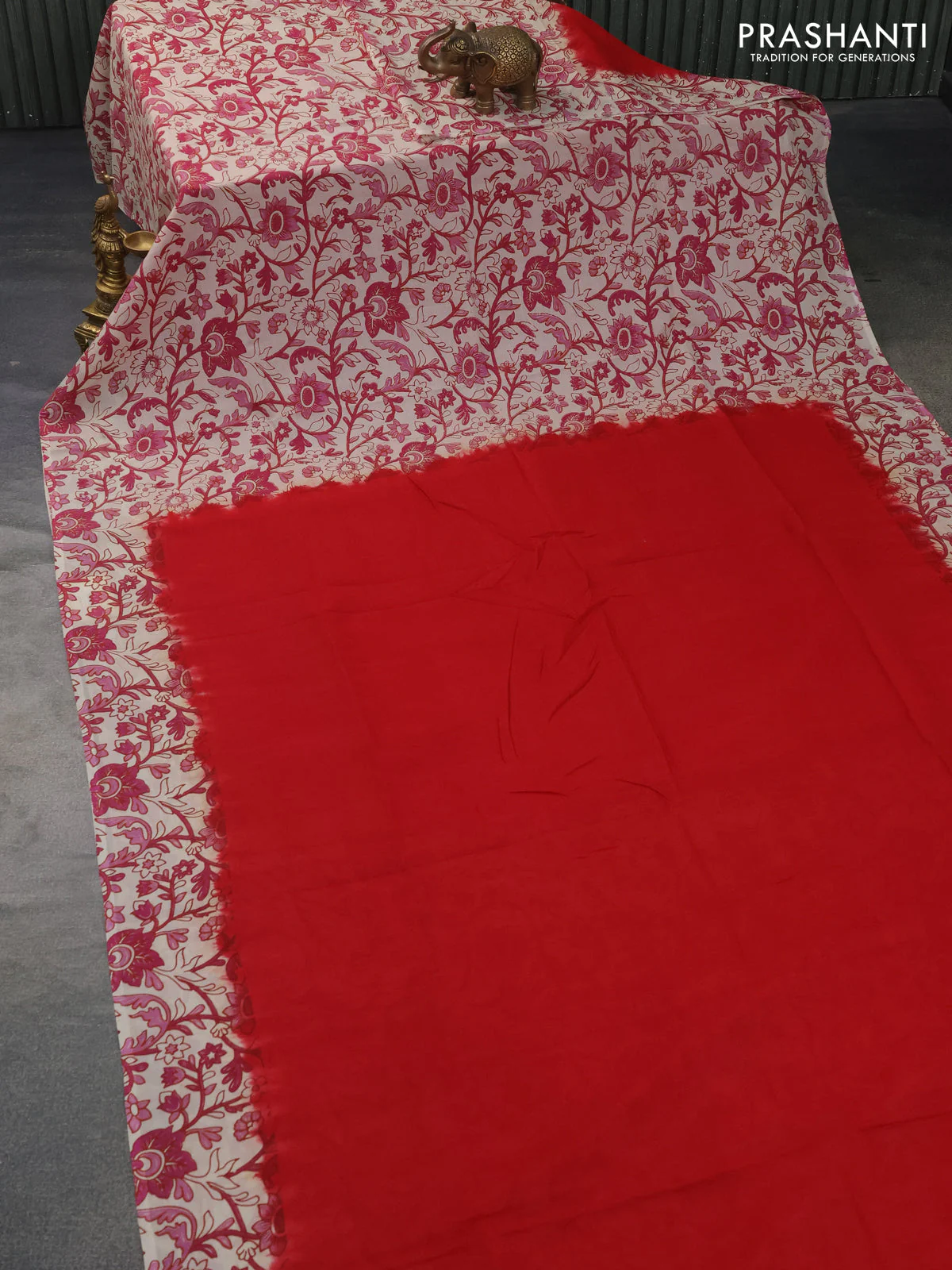 Kalamkari semi silk partly saree red and cream with plain body and printed border - Image 3