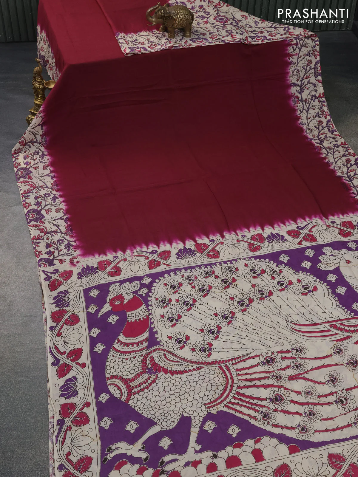 Kalamkari semi silk partly saree wine shade and cream with plain body and printed border - Image 2