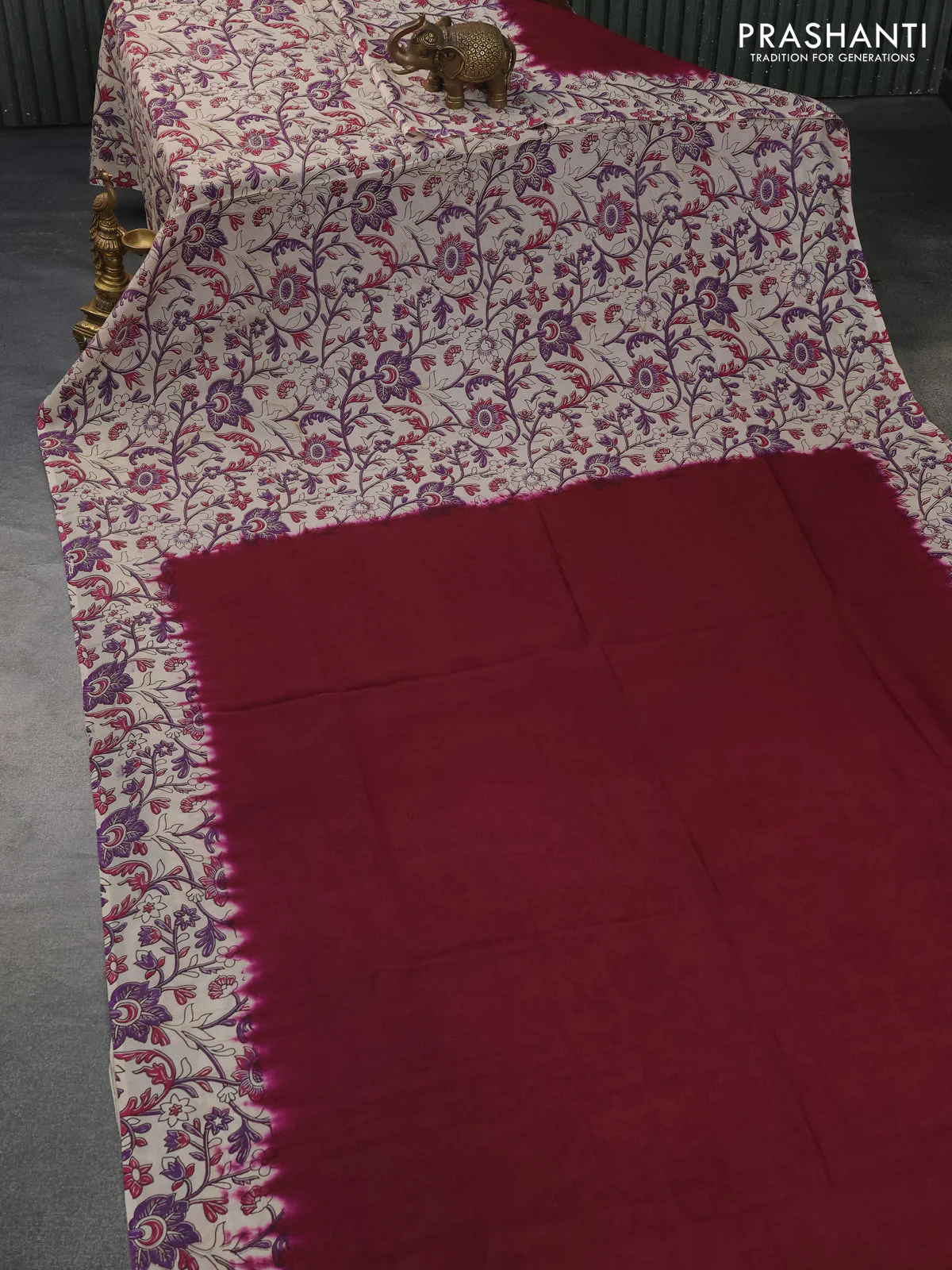 Kalamkari semi silk partly saree wine shade and cream with plain body and printed border - Image 3