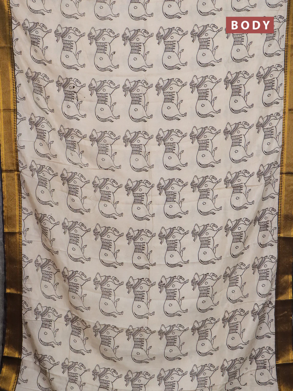 Kalamkari semi silk saree beige and black with allover pichwai butta prints and mangalgiri border - Image 2