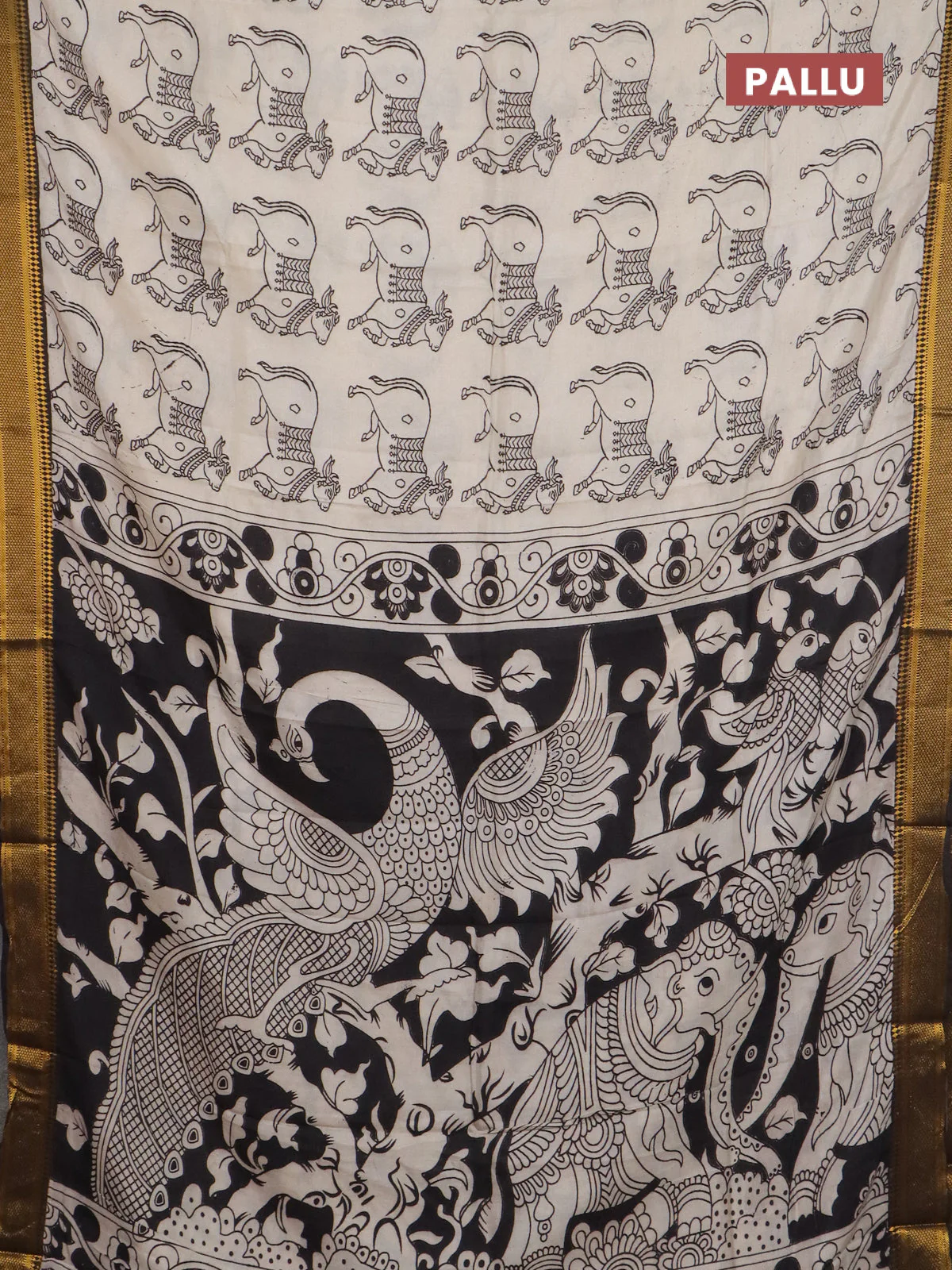 Kalamkari semi silk saree beige and black with allover pichwai butta prints and mangalgiri border - Image 3