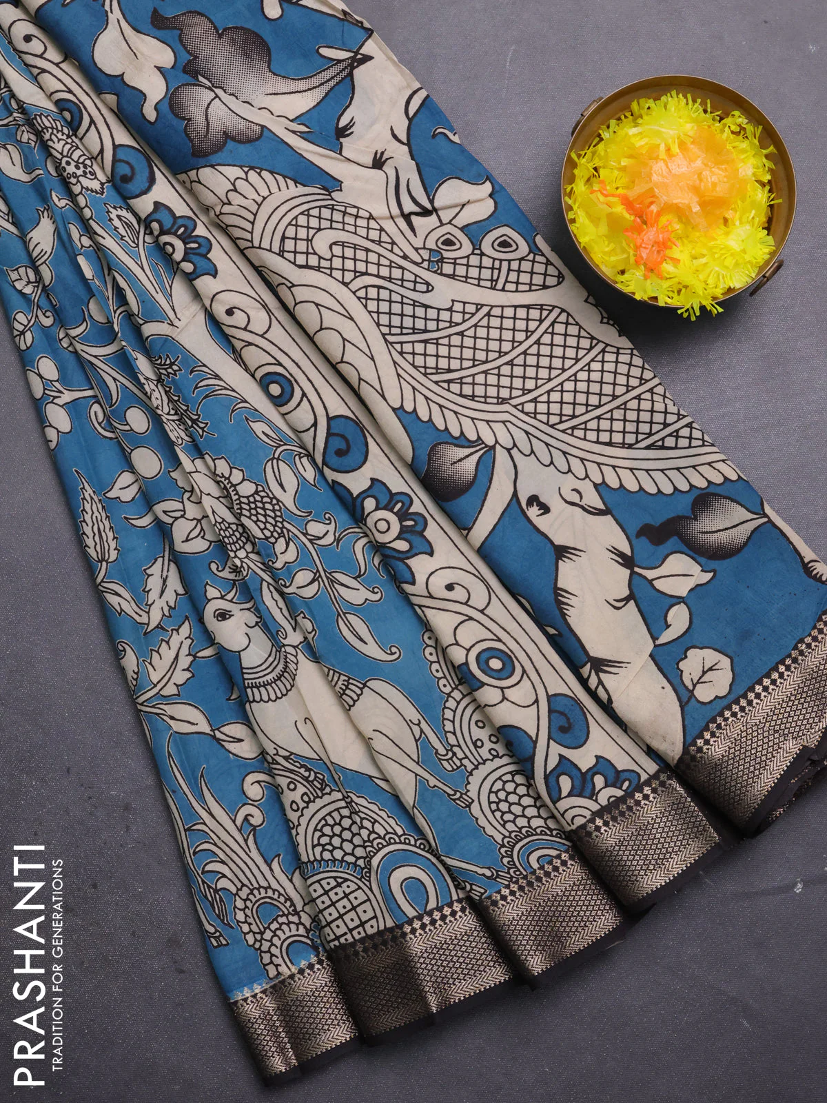 Kalamkari semi silk saree beige and black with allover prints and mangalgiri border
