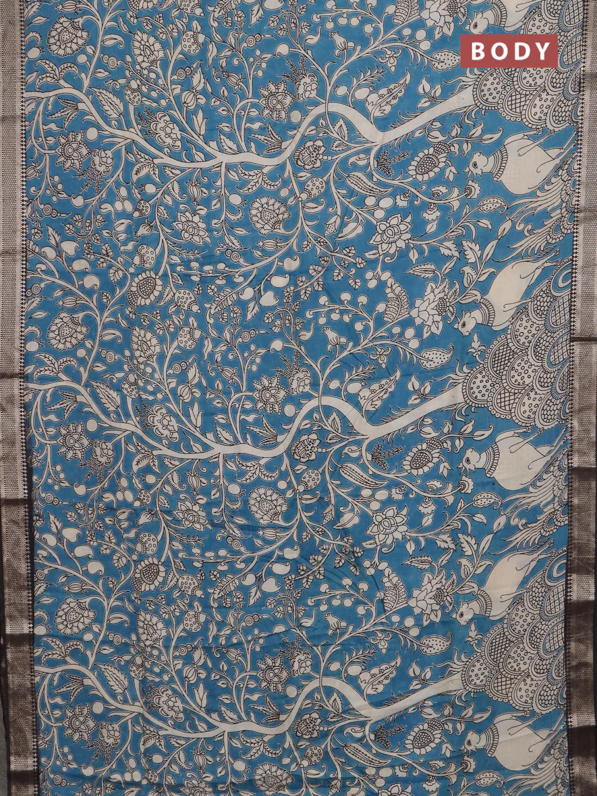 Kalamkari semi silk saree beige and black with allover prints and mangalgiri border - Image 2