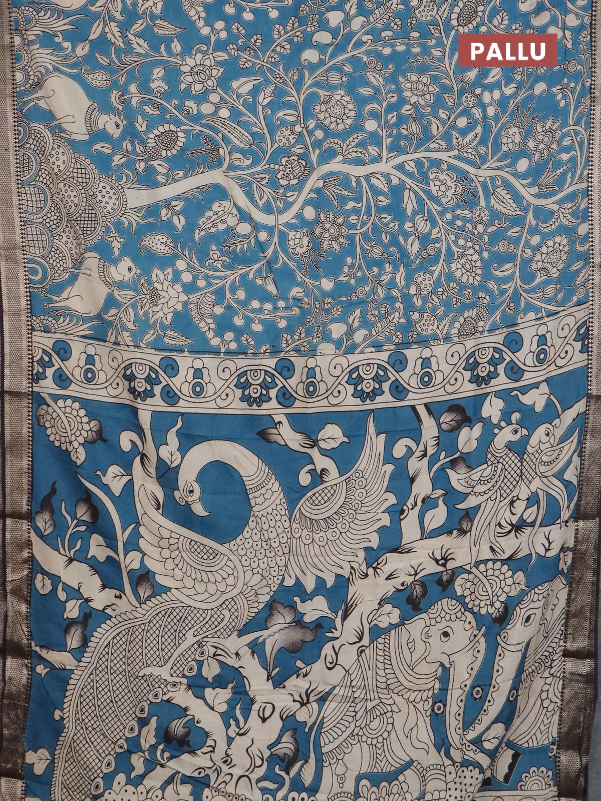 Kalamkari semi silk saree beige and black with allover prints and mangalgiri border - Image 3