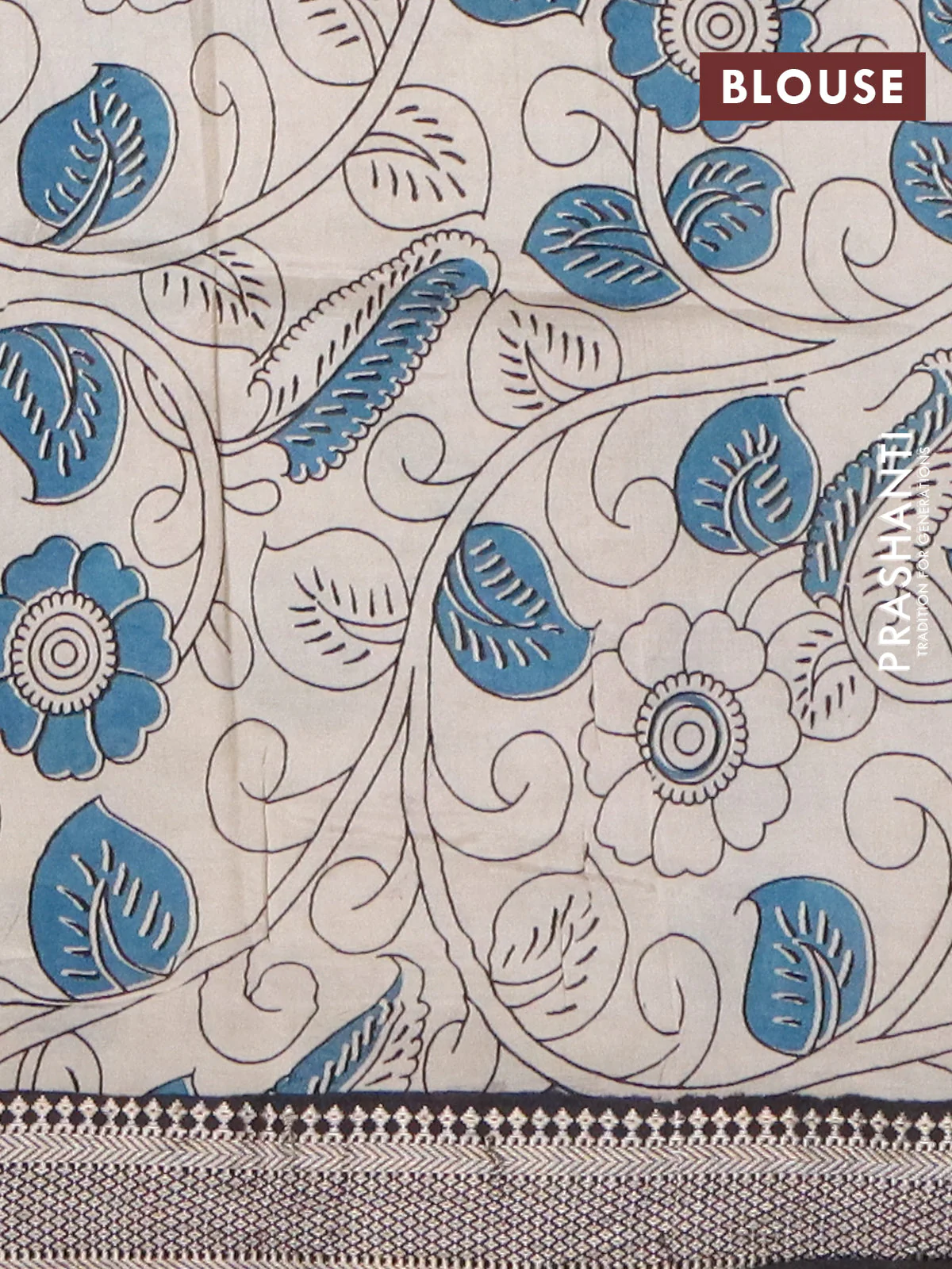Kalamkari semi silk saree beige and black with allover prints and mangalgiri border - Image 4