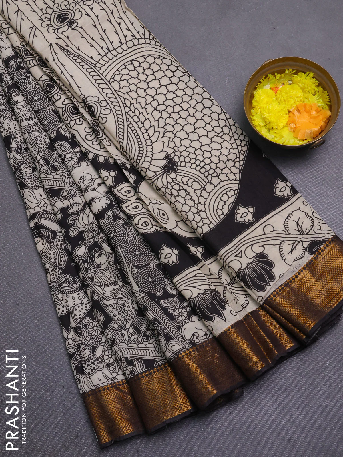 Kalamkari semi silk saree beige and black with allover prints and mangalgiri border