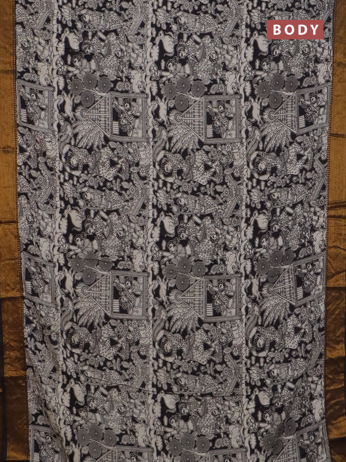 Kalamkari semi silk saree beige and black with allover prints and mangalgiri border - Image 2