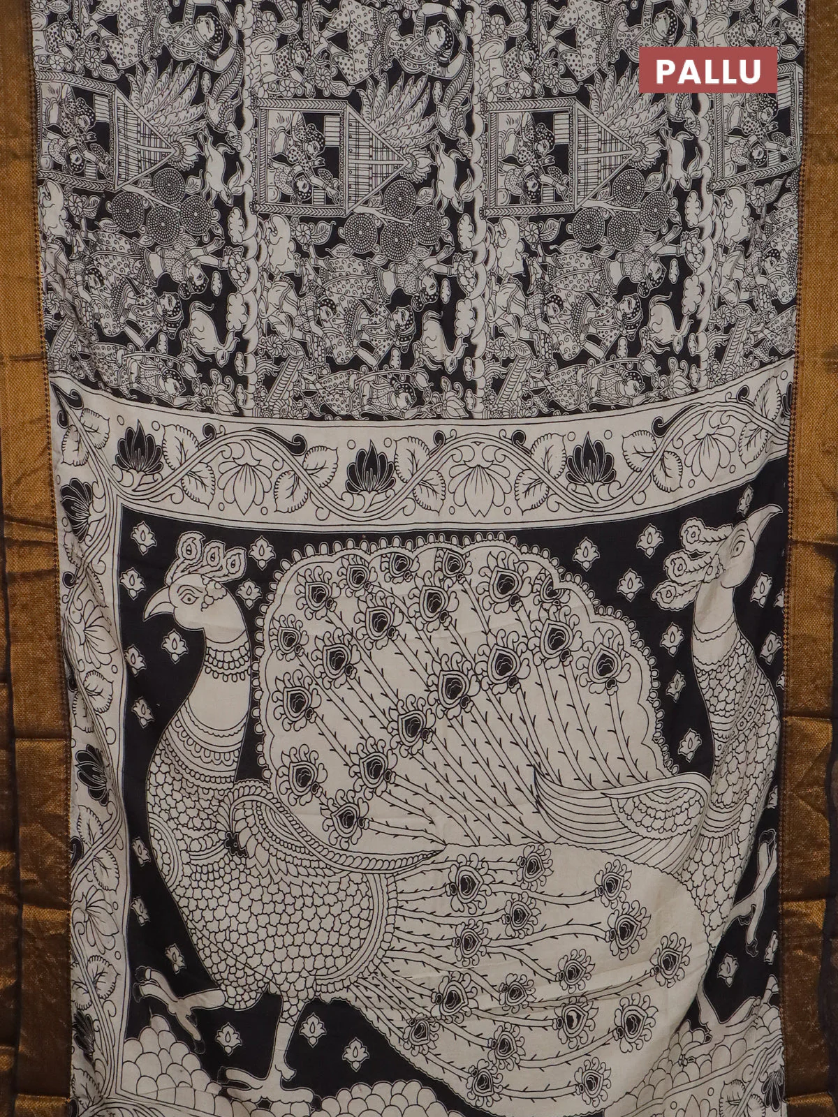 Kalamkari semi silk saree beige and black with allover prints and mangalgiri border - Image 3