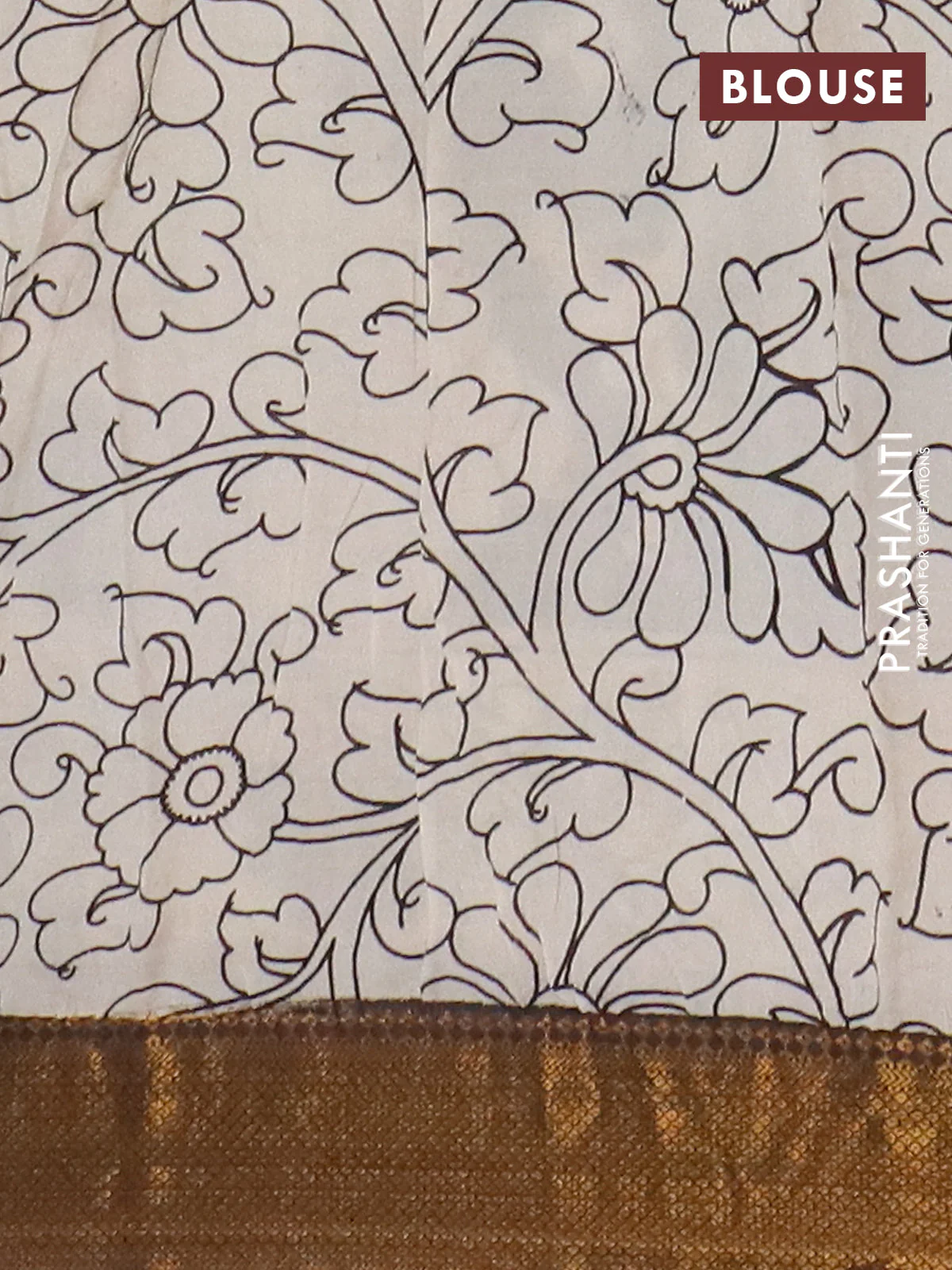 Kalamkari semi silk saree beige and black with allover prints and mangalgiri border - Image 4