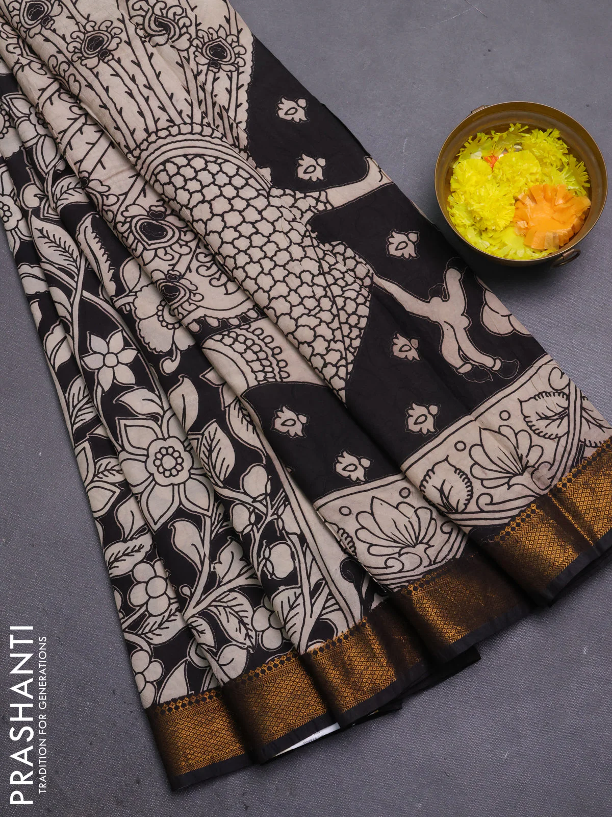 Kalamkari semi silk saree beige and black with allover prints and mangalgiri border