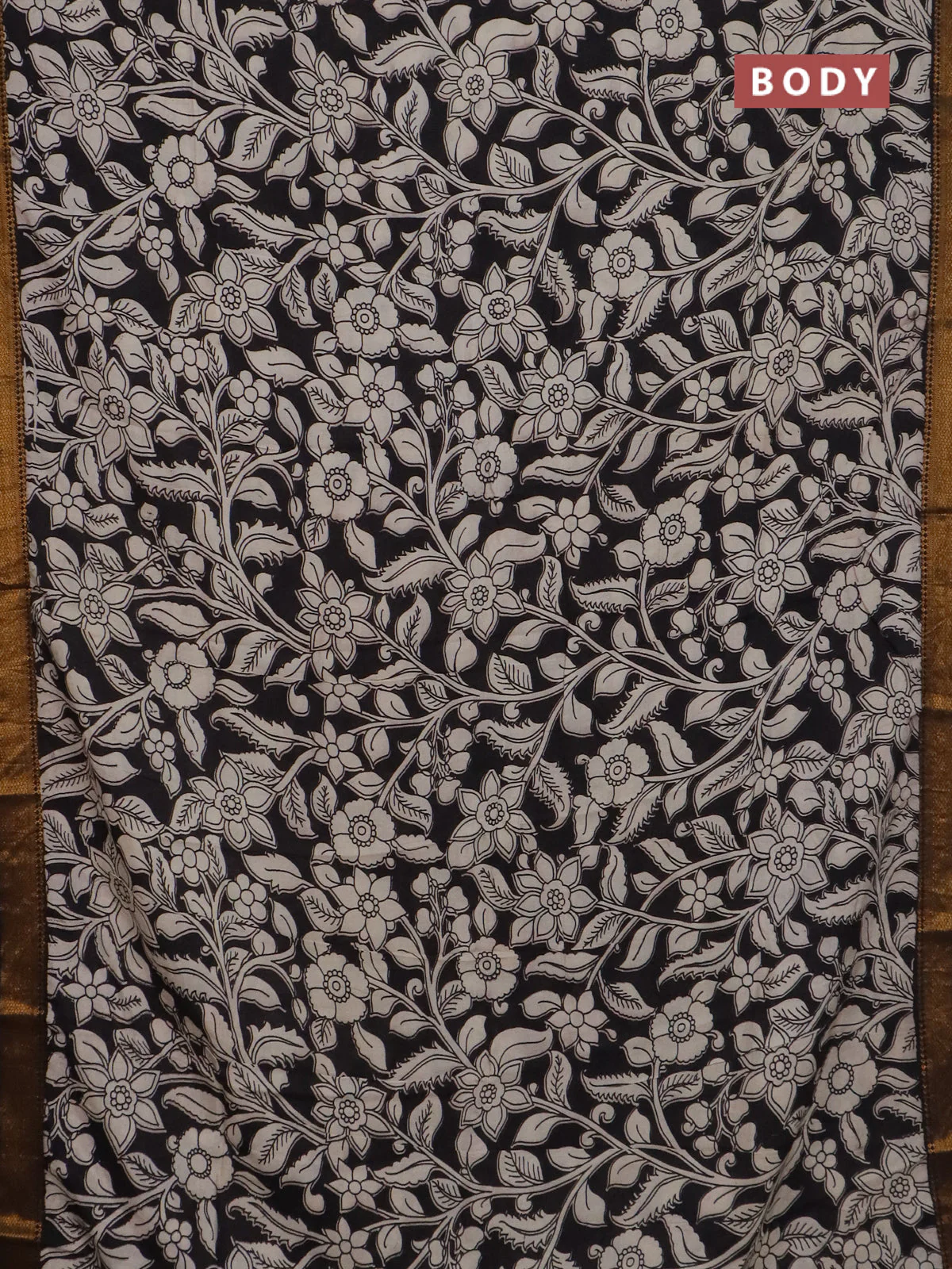 Kalamkari semi silk saree beige and black with allover prints and mangalgiri border - Image 2
