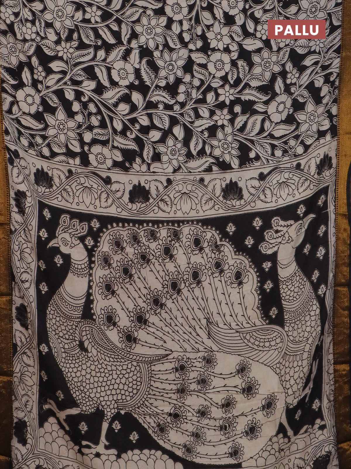 Kalamkari semi silk saree beige and black with allover prints and mangalgiri border - Image 3