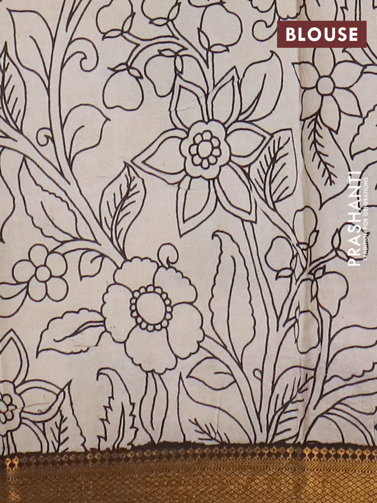 Kalamkari semi silk saree beige and black with allover prints and mangalgiri border - Image 4