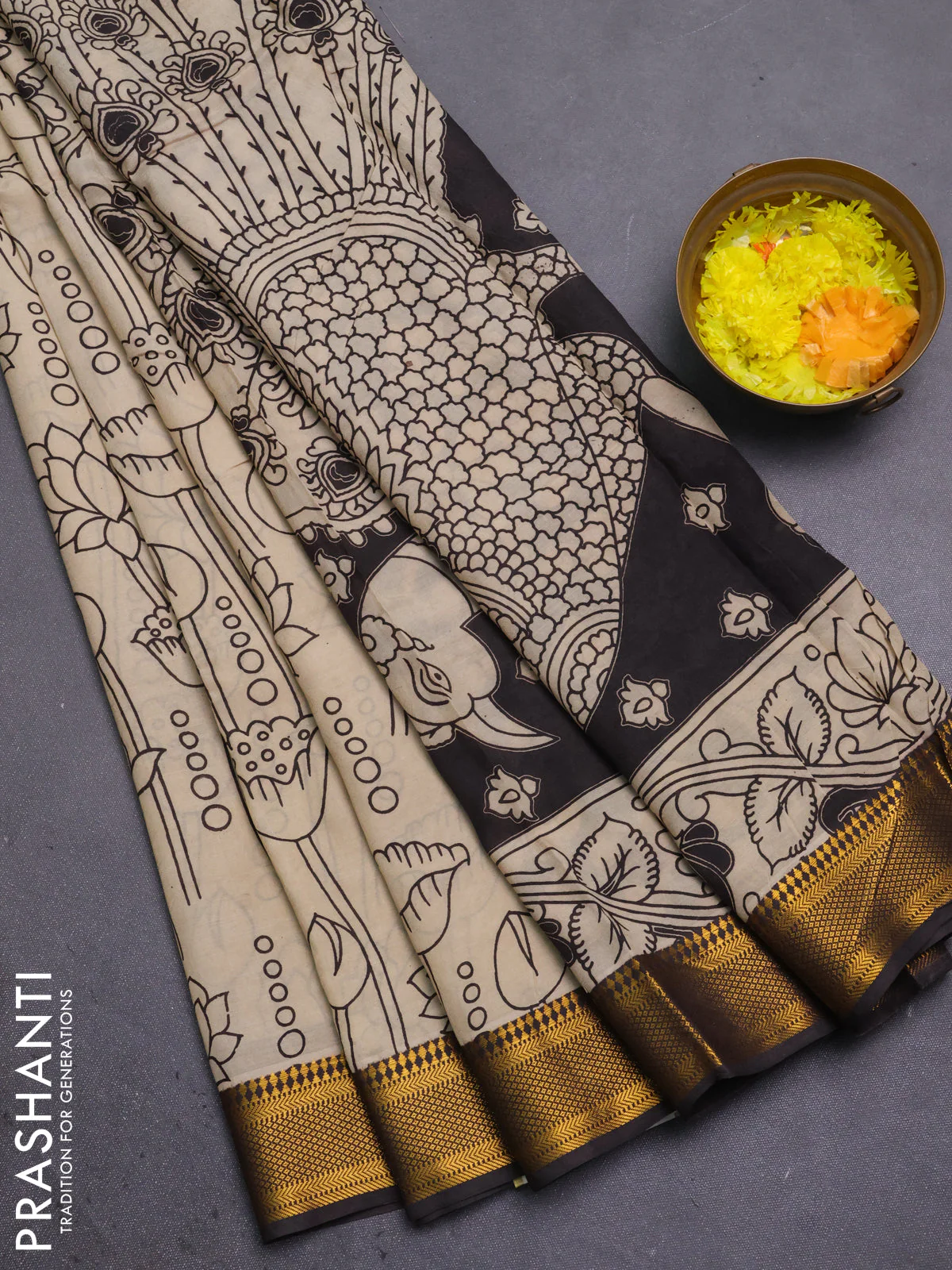Kalamkari semi silk saree beige and black with allover prints and mangalgiri border