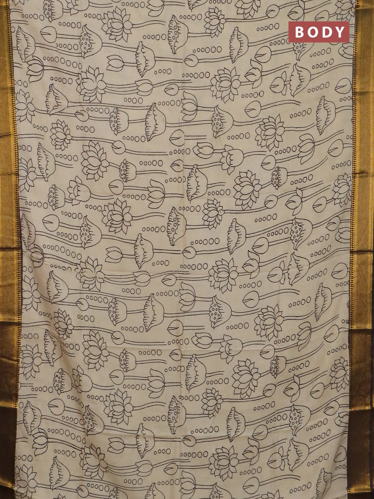 Kalamkari semi silk saree beige and black with allover prints and mangalgiri border - Image 2