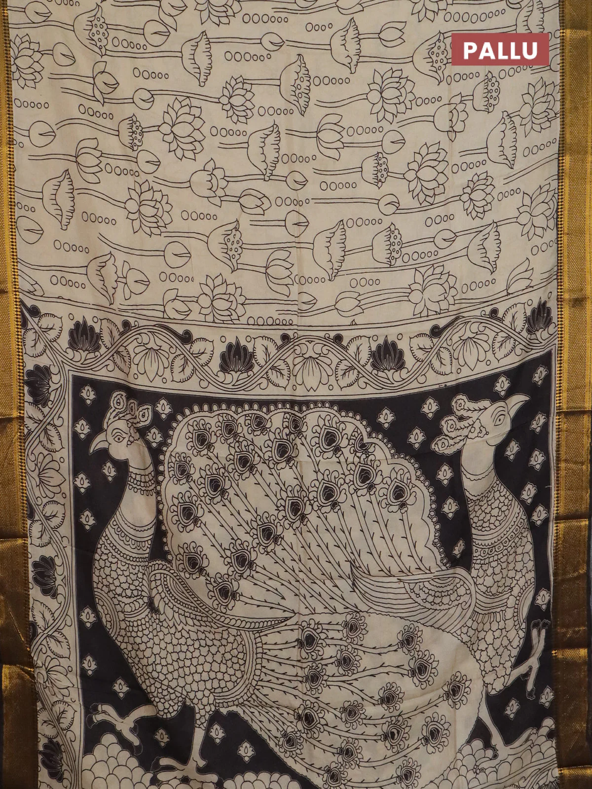 Kalamkari semi silk saree beige and black with allover prints and mangalgiri border - Image 3