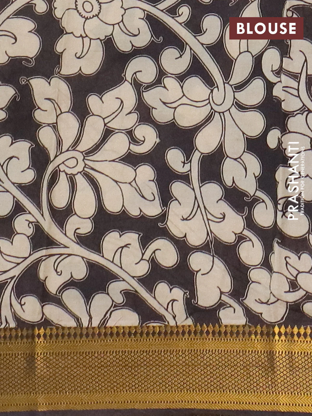 Kalamkari semi silk saree beige and black with allover prints and mangalgiri border - Image 4