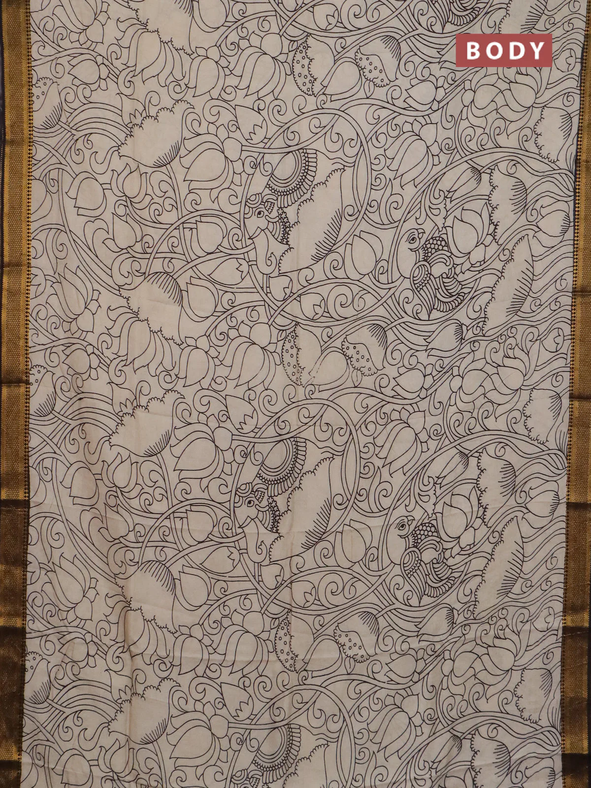 Kalamkari semi silk saree beige and black with allover prints and mangalgiri border - Image 2